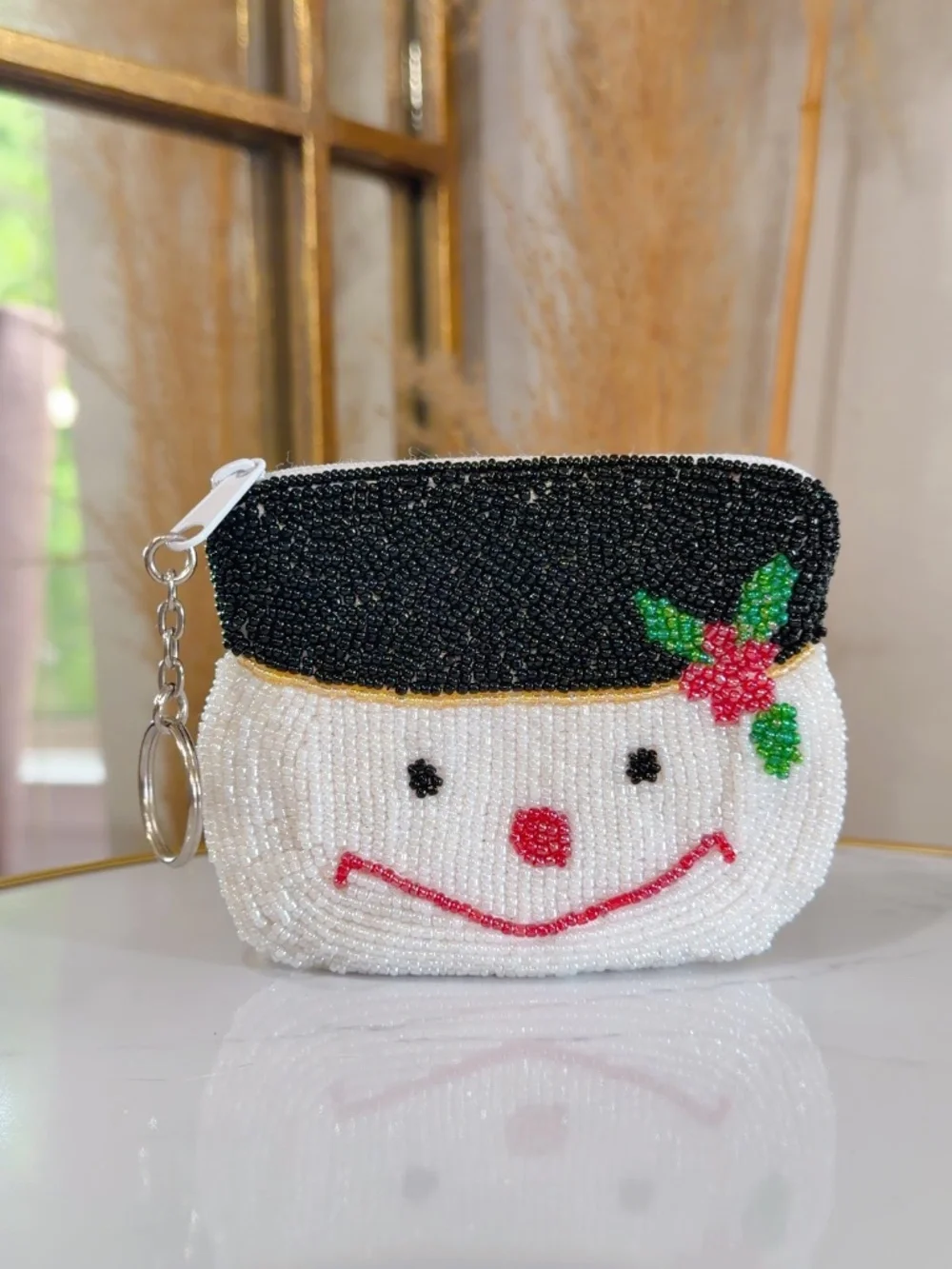 Vintage Beaded Holiday Snowman Coin Purse Keychain Ring (4.5